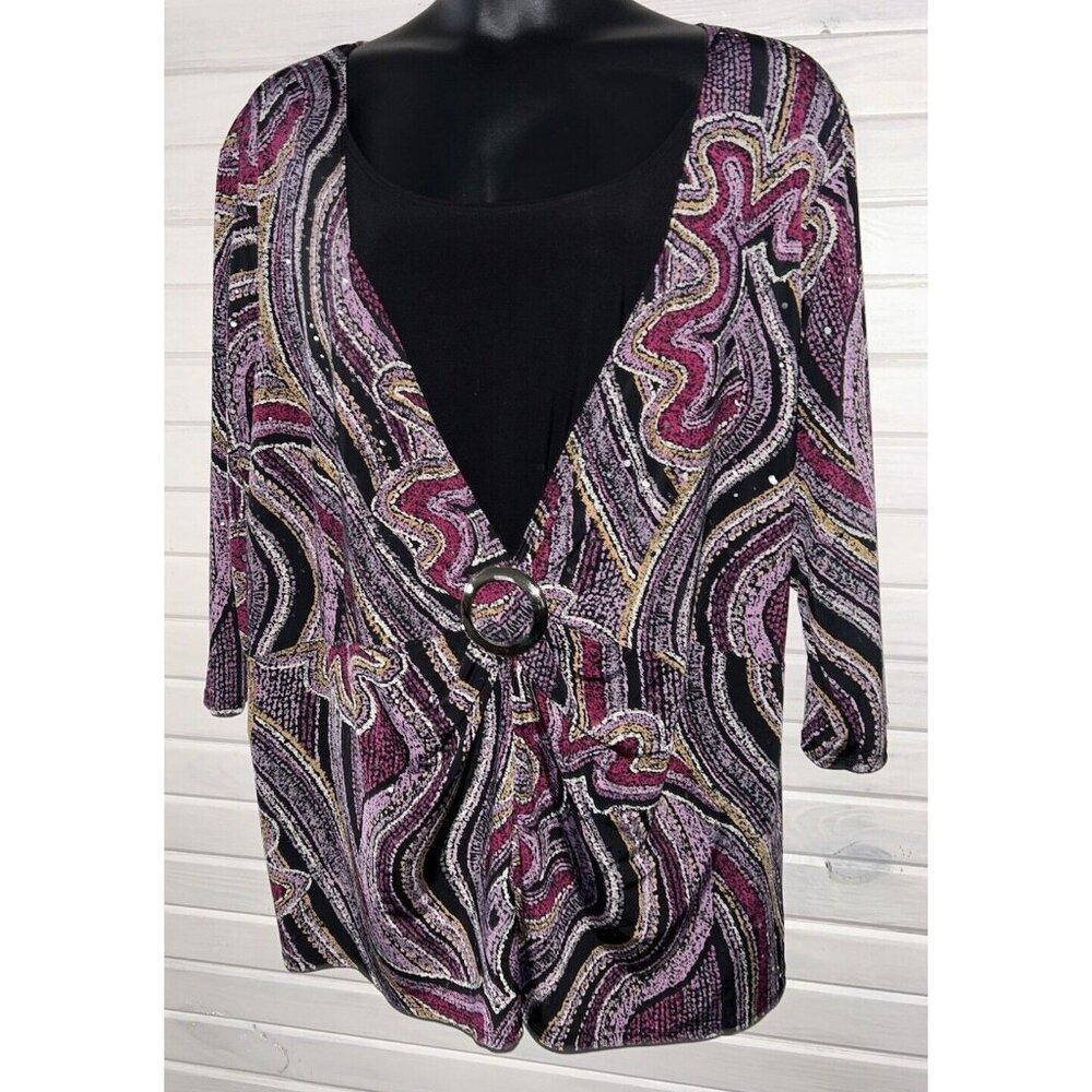 Maggie Barnes Sz 4X PLUS Sparkle Swirl Tunic Black Pink w/ Modesty Panel EUC